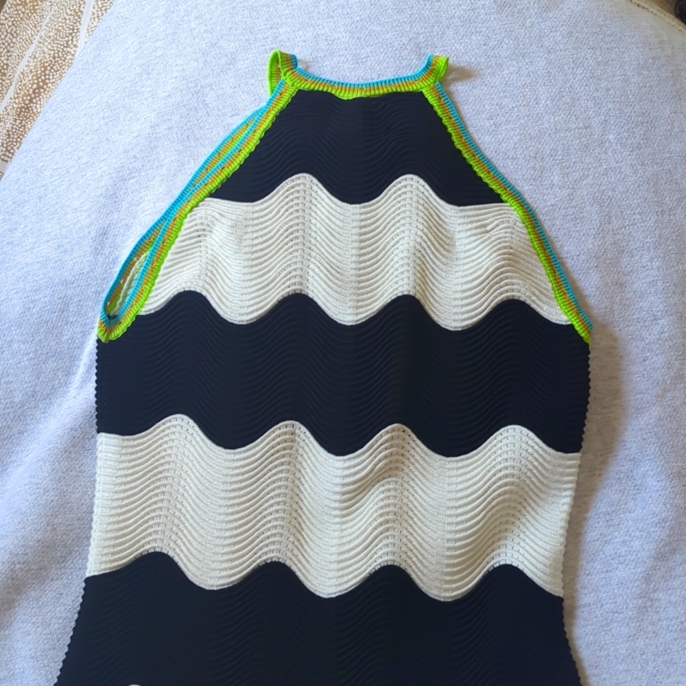 Rare Ronny Kobo black, white, green striped crochet knit maxi dress sz M